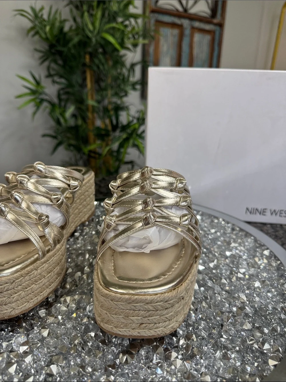 Nine West Metallic Gold Braided Espadrille Platform Slides NEW 8